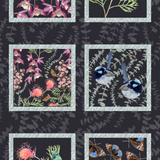 A 3x2 grid of six framed botanical and nature prints on a dark gray patterned background. The top-left frame shows pink orchids, the top-right shows a pink flower with green foliage, the middle-left shows pink flowers and a butterfly, the middle-right shows two blue-and-white birds, the bottom-left shows a green and yellow bird with a pink flower, and the bottom-right shows blue-and-brown butterfly wings.
