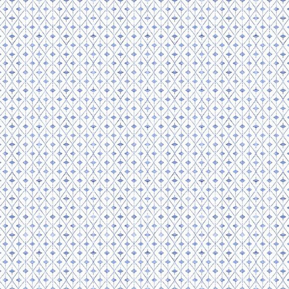 Fabric with a blue and white geometric pattern on a white background