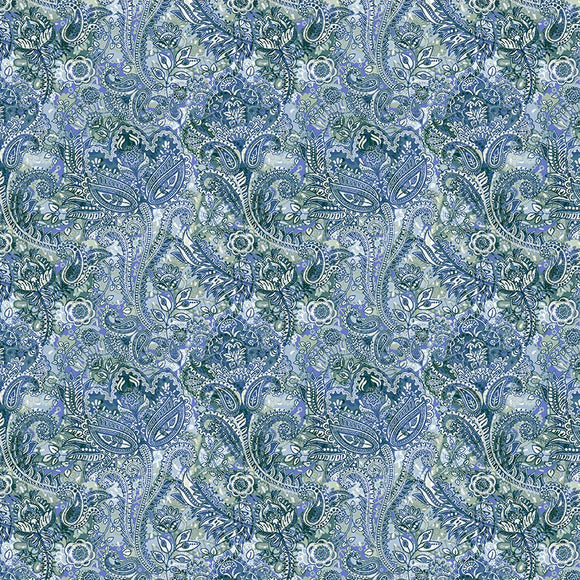 Patterned fabric with blue and green paisley design