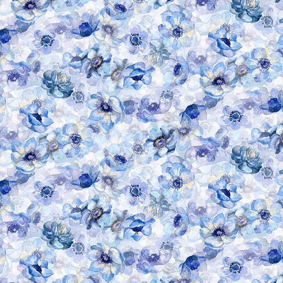 Pattern of blue flowers on a white background