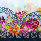 Decorative border with colorful flowers and Celtic knot patterns on a multicolored background.