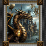 Steampunk dragon in front of a fantasy castle with decorative border elements.