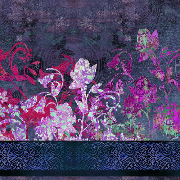 Floral patterned fabric with pink and purple flowers on a dark background