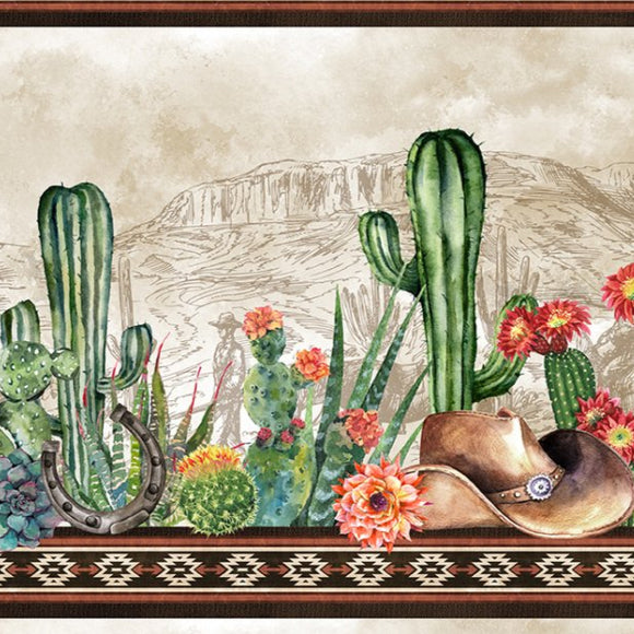 Decorative border with cacti, boots, and flowers on a beige background
