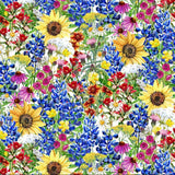 Colorful pattern of various flowers including sunflowers and bluebonnets on a white background.