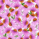 Pattern of purple flowers with orange centers on a white background