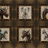 Six framed illustrations of dragons on a textured brown background