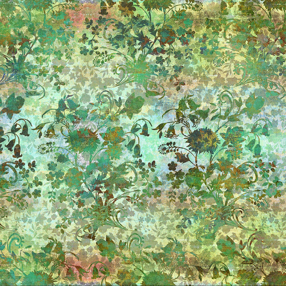Floral patterned fabric with green and brown tones on a textured background