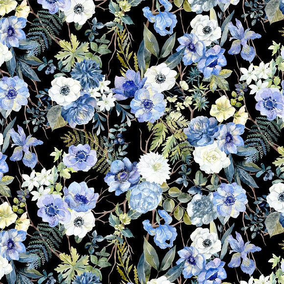 Floral pattern with blue, white, and green flowers on a black background