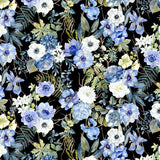 Floral pattern with blue, white, and green flowers on a black background