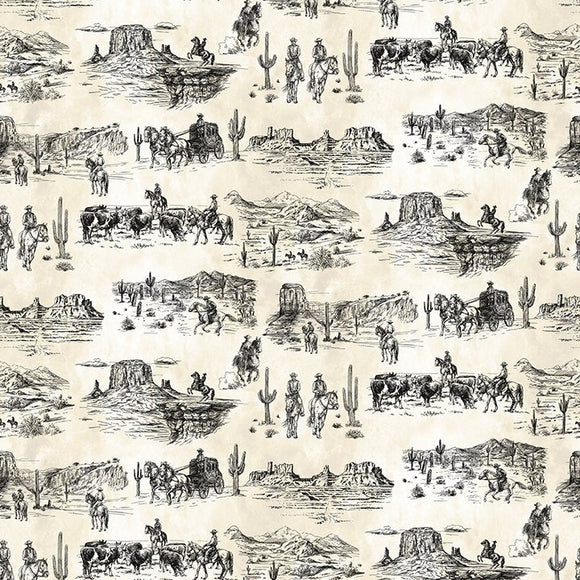 Pattern of black and white desert scenes with people, horses, and cacti on a beige background.