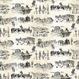 Pattern of black and white desert scenes with people, horses, and cacti on a beige background.