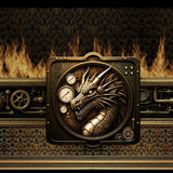 Decorative border with dragon designs and flames on a black background