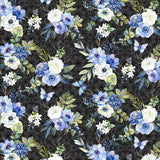 Floral pattern with blue, white, and green flowers on a black background