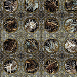 Patterned fabric with circular designs of dragons on a textured background
