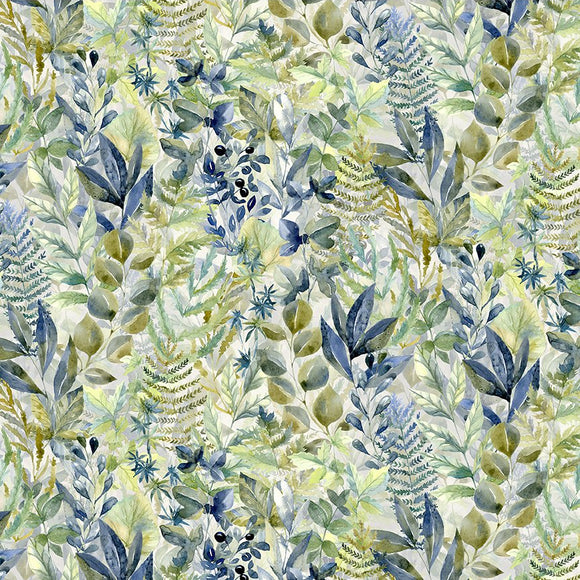 Pattern of green and blue leaves on a white background