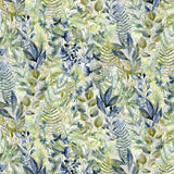Pattern of green and blue leaves on a white background
