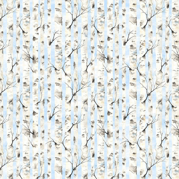 Pattern of birch trees with vertical stripes on a light blue background