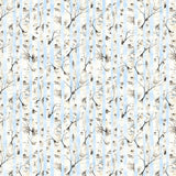 Pattern of birch trees with vertical stripes on a light blue background