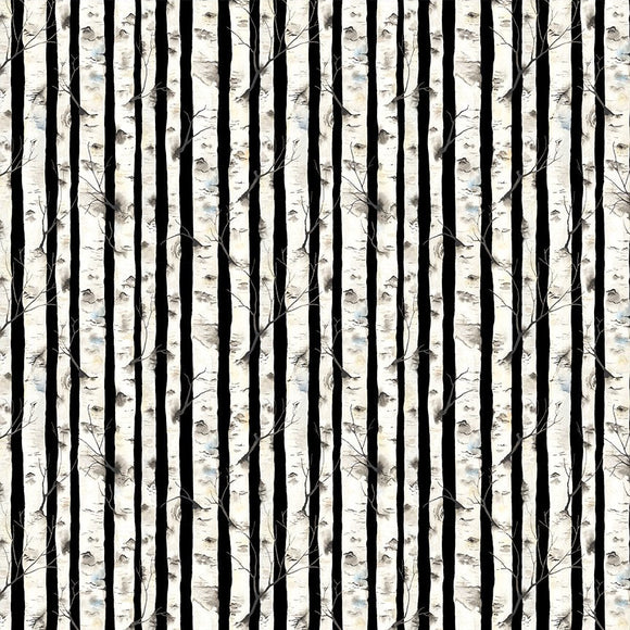 Pattern of black and white vertical stripes with tree branches on a fabric background.