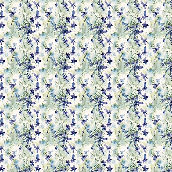 Pattern of blue flowers and green leaves on a white background