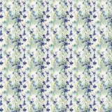 Pattern of blue flowers and green leaves on a white background