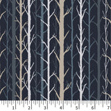 Pattern of bare trees on a dark blue background with a ruler at the bottom.